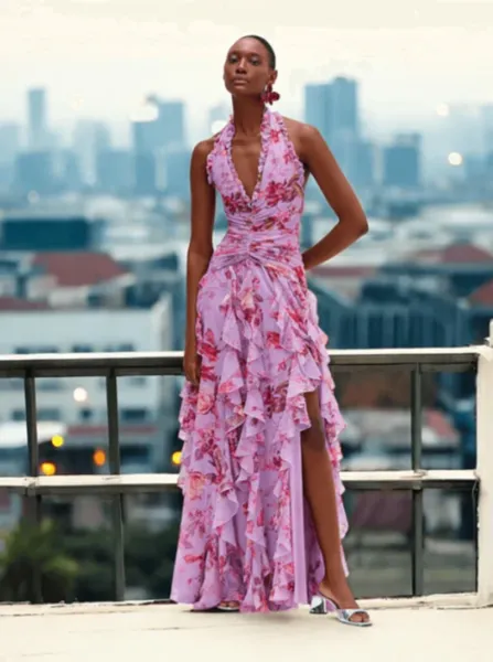 Design Floral Ruffle Halter Gown Lilac Pink Dress - 12