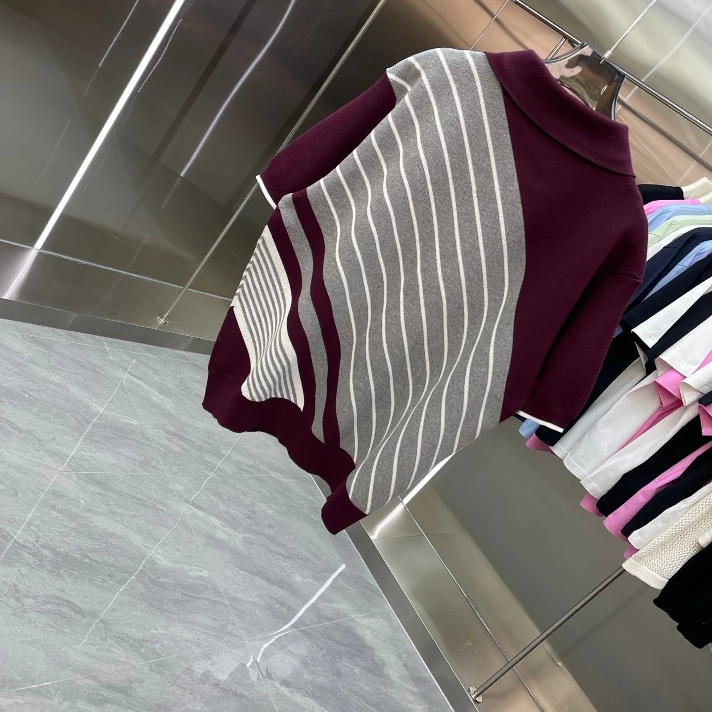 Casablanca Half-Zip Polo Burgundy Gray Striped Knit Polo Polo Shirt - 9
