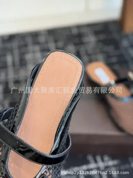 Design Mesh Mule with Patent Strap Black Shoes Slippers - 20