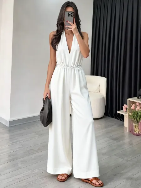 Design Halter Neck Wide-Leg Jumpsuit Black Dress - 11