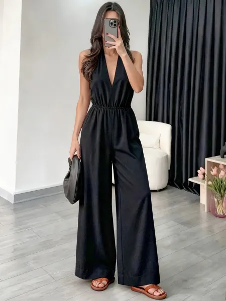 Design Halter Neck Wide-Leg Jumpsuit Black Dress - 15