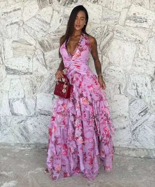 Design Floral Ruffle Halter Gown Lilac Pink Dress - 28