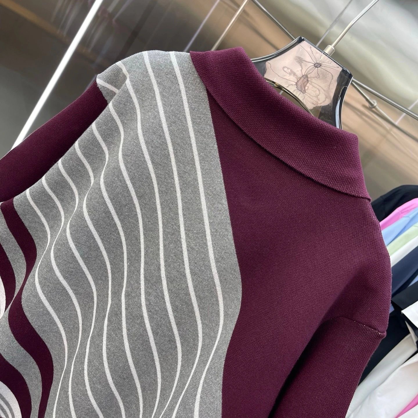 Casablanca Half-Zip Polo Burgundy Gray Striped Knit Polo Polo Shirt - 10