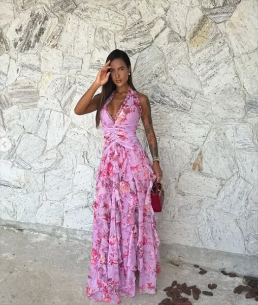 Design Floral Ruffle Halter Gown Lilac Pink Dress - 29