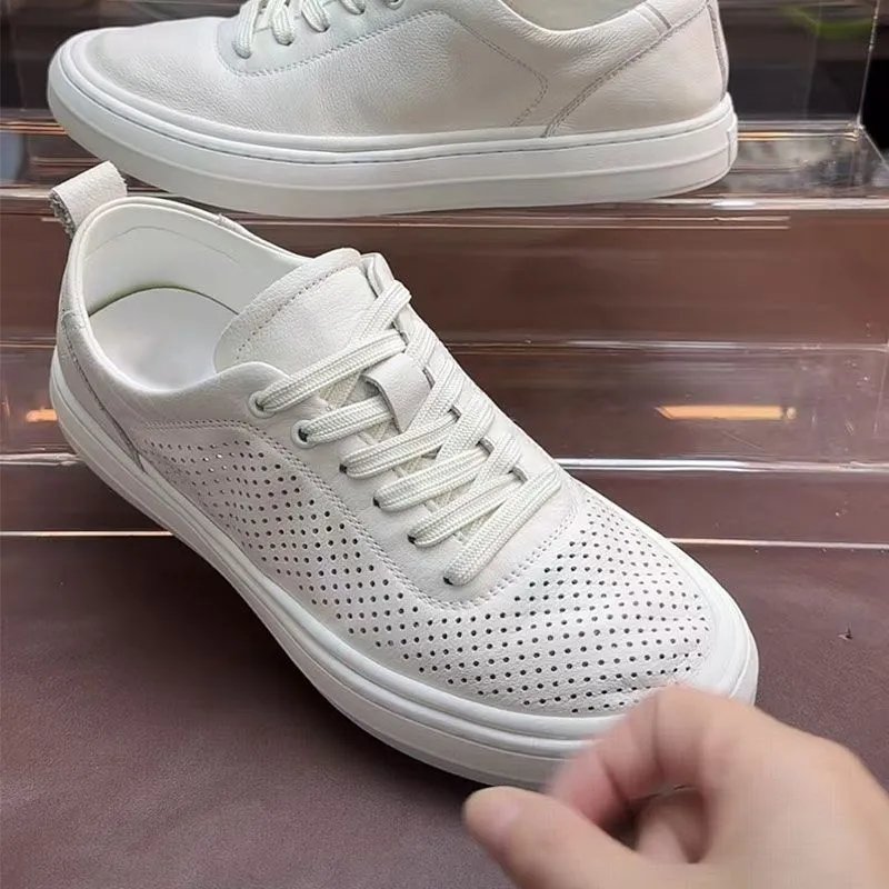 Design Perforated Leather Low-Top White Sneakers - 4