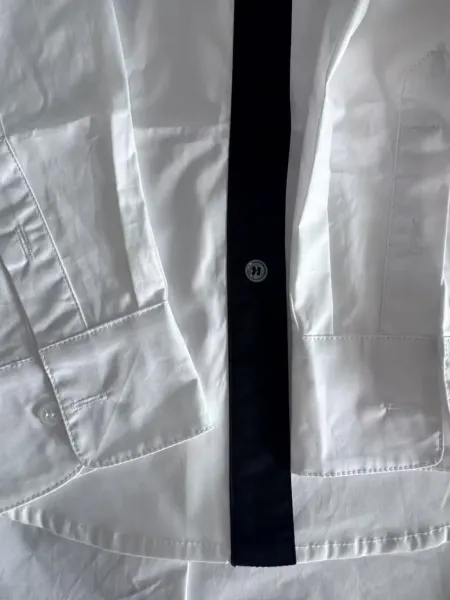 Design Patchwork Button-Down Shirt White with Black Placket and Pink Pocket + Gray Mini Skirt Tops Shirt - 10