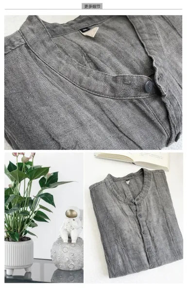 Design Henley Shirt Gray Linen-Blend Top - 9