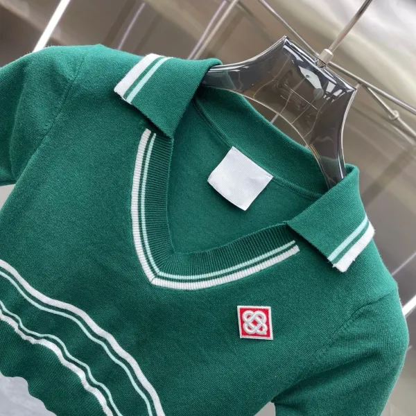 Design Knit Tennis Set Green with White Stripes and Embroidered Logo Skirt and Polo Top - 6