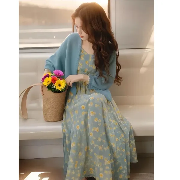 Design Floral Print Midi Dress with Cropped Cardigan in Seafoam Green - 6