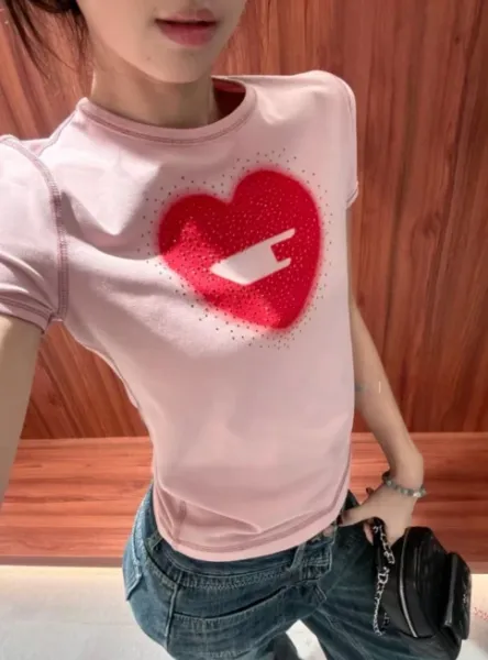 Design Heart Graphic Rhinestone Embellished Pink T-Shirt - 5