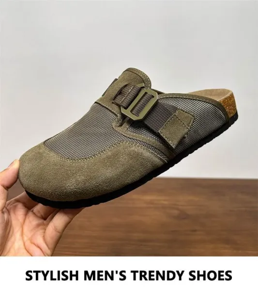 Design Buckle Strap Mule in Army Green Mesh and Suede Slippers - 6