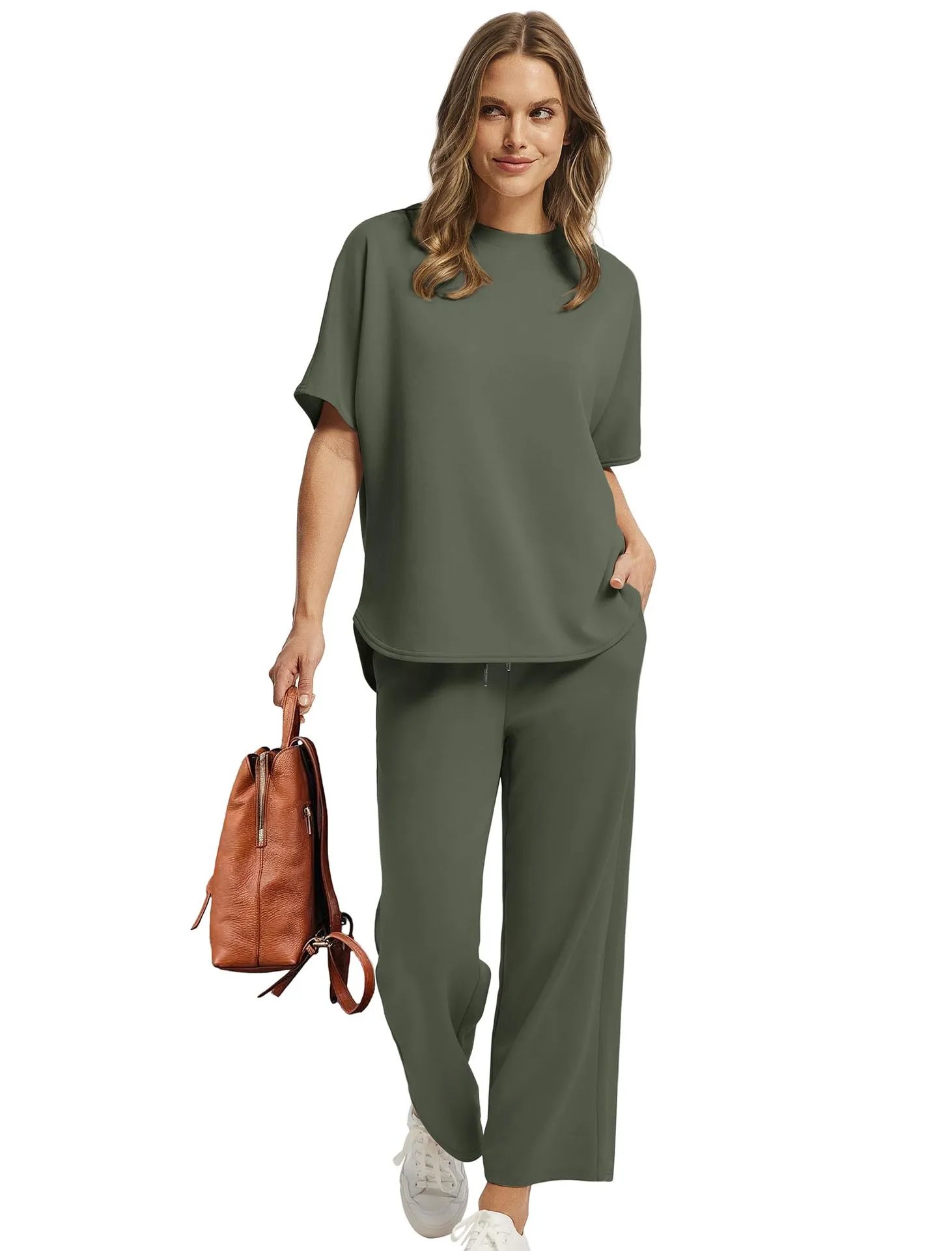 Design Relaxed Fit Cropped T-Shirt and Wide-Leg Pants Set Olive - 23
