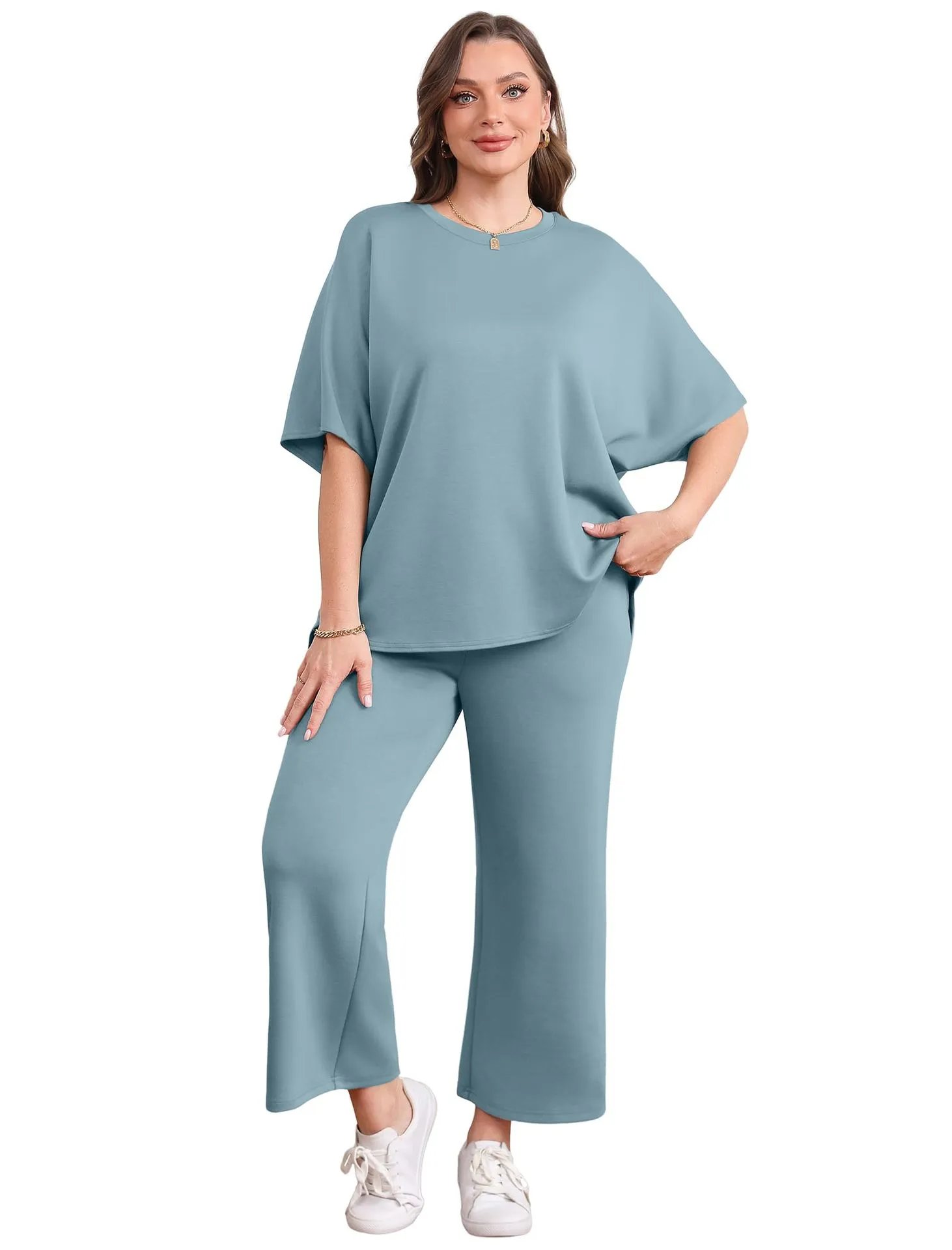 Design Relaxed Fit Cropped T-Shirt and Wide-Leg Pants Set Olive - 33
