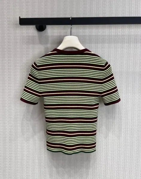 Design Striped Knit Short-Sleeve Top in Burgundy, Green, and Cream Tops - 9