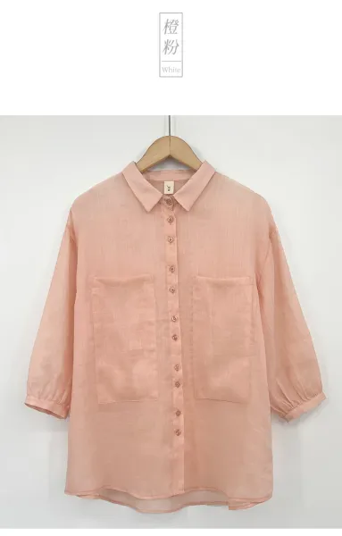 Design Linen Blend Button-Up Shirt Terracotta Tops Shirt - 6