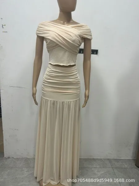 Design Off-Shoulder Draped Crop Top and Pleated Maxi Skirt Set Beige - 12