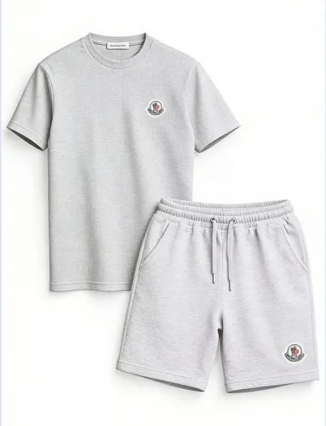 Moncler Logo-Embroidered Gray Ribbed T-Shirt and Sweatshorts Set - 1