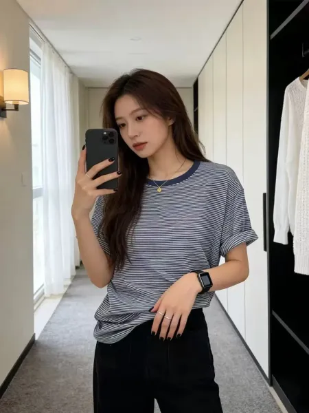 Design Striped Relaxed Fit T-Shirt Brown Beige T-Shirt - 8