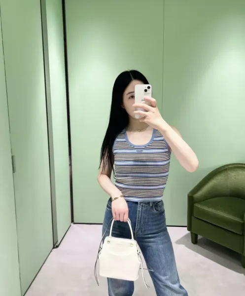Design Striped Knit Crop Tank Top in Sky Blue, Black, and White Vest Top - 3