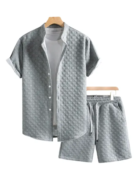 Design Woven Texture Short-Sleeve Shirt and Shorts Set Gray - 8