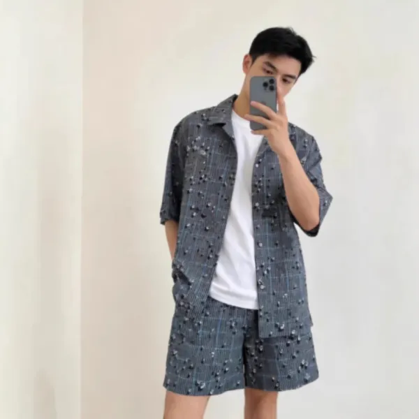 Design Plaid Embellished Shorts Blue Gray - 5