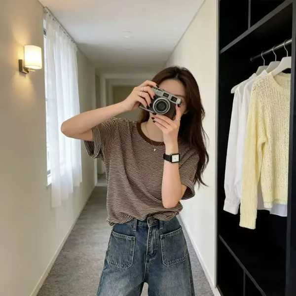 Design Striped Relaxed Fit T-Shirt Brown Beige T-Shirt - 14