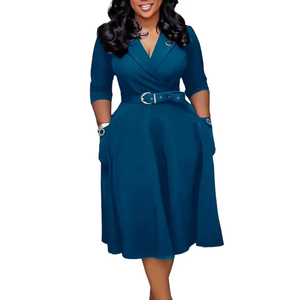 Design Trench-Style Wrap Dress in Navy with Belt - 74