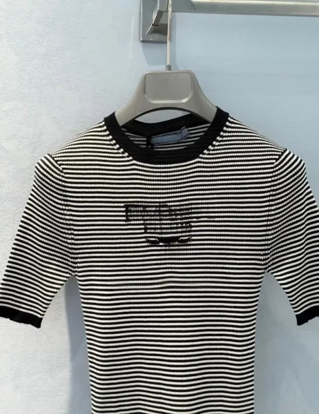 Prada Striped Ribbed Knit T-Shirt Black and White - 5