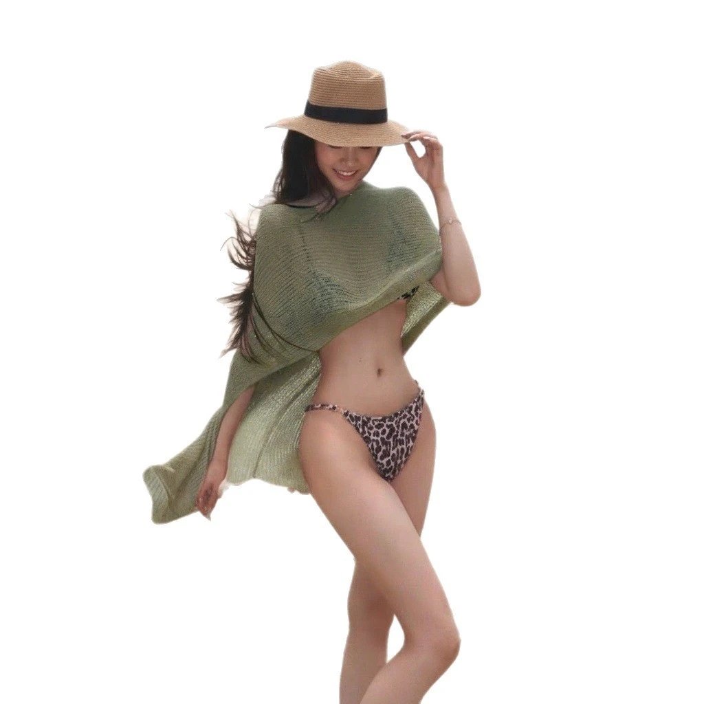 Design Olive Knit Poncho Top with Leopard Print Skirt Set Sets - 16