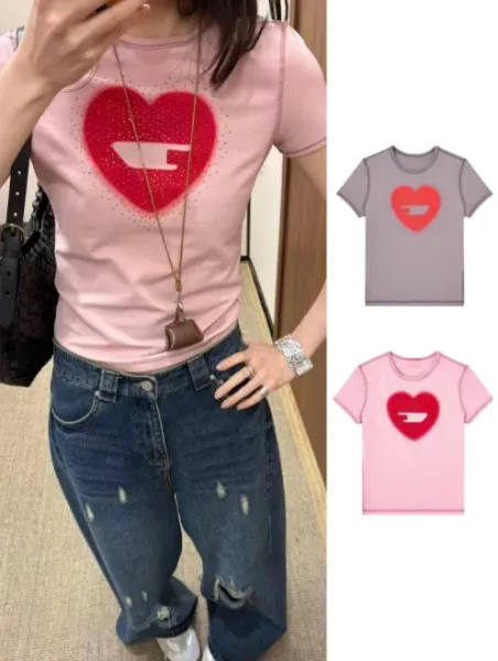 Design Heart Graphic Rhinestone Embellished Pink T-Shirt - 3