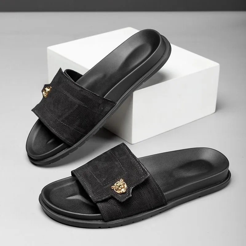 Black Suede Slide Sandals with Gold Lion Head Embellishment