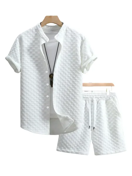 Design Woven Texture Short-Sleeve Shirt and Shorts Set Gray - 5