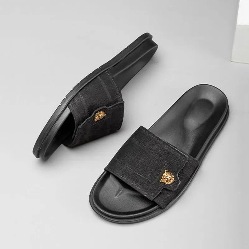 Black Suede Slide Sandals with Gold Lion Head Embellishment