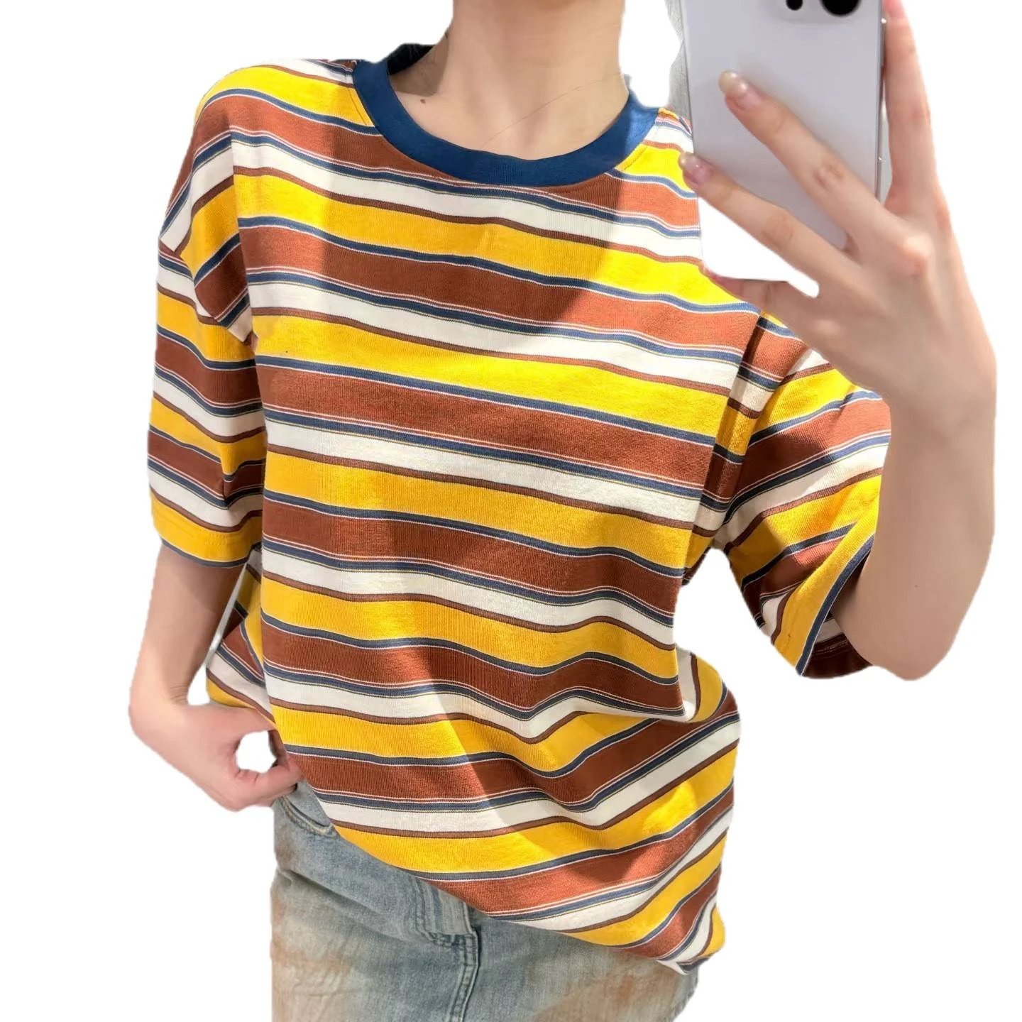 Striped Cotton T-Shirt Yellow Brown White Navy Casual