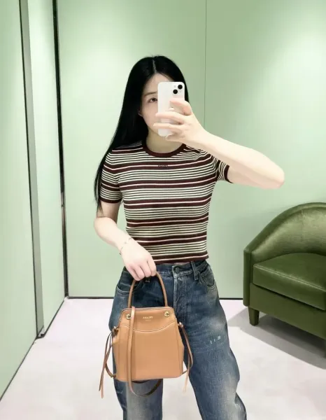Design Striped Knit Short-Sleeve Top in Burgundy, Green, and Cream Tops - 4