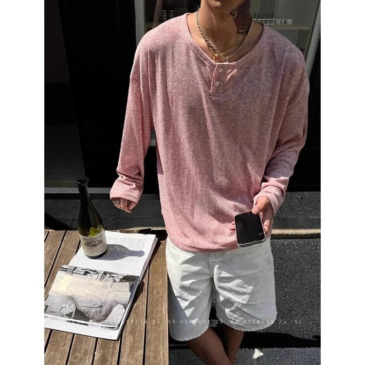 Pink Ribbed Henley Long Sleeve Top Light Pink Casual