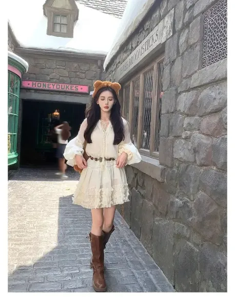 Design White Ruffled Smocked Dress with Bell Sleeves and Brown Leather Boots - 8