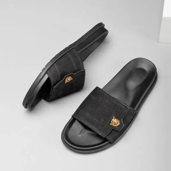 Versace Medusa Slide Black Leather Slippers - 4