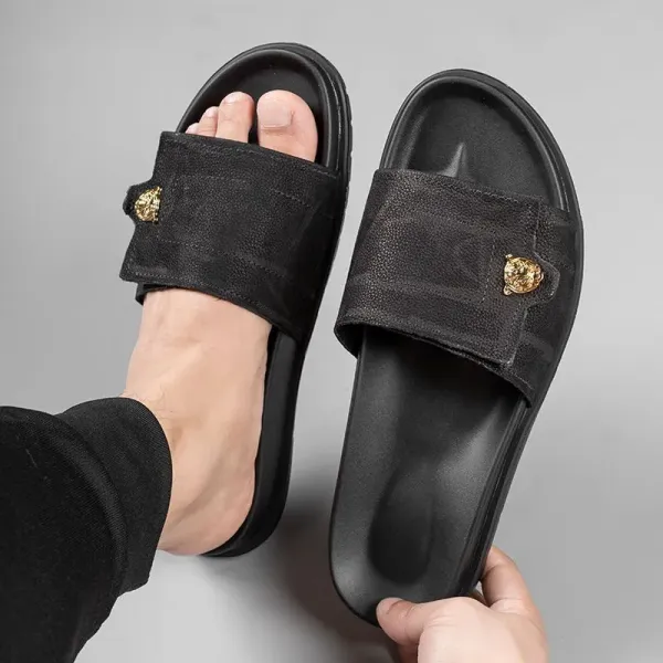 Versace Medusa Slide Black Leather Slippers - 7