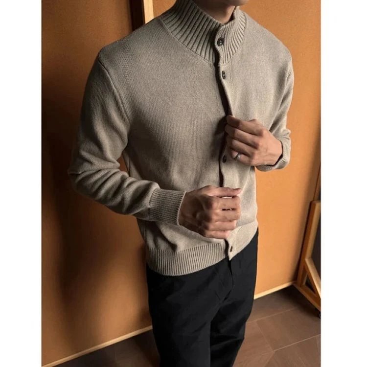 Design Beige Ribbed Collar Cardigan with Black Buttons Outerwear.cardigan - 5