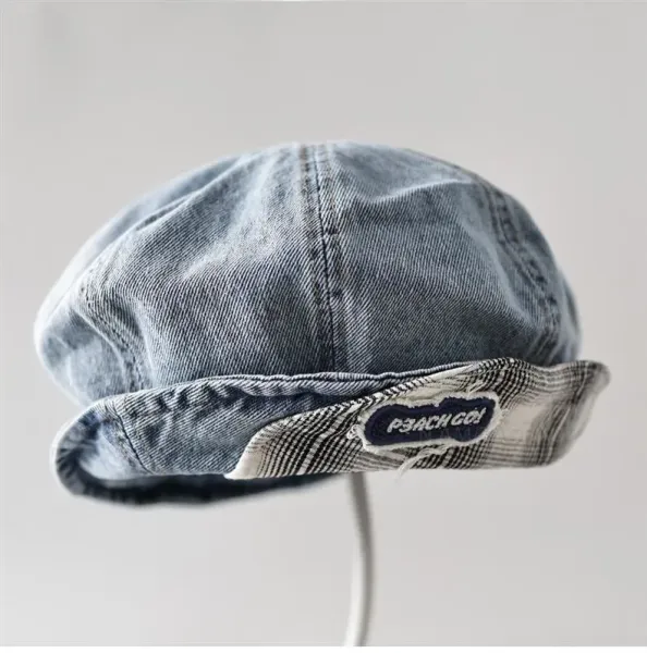 Design Denim Beret with Plaid Lining and Embroidered Logo Hat Hats - 2
