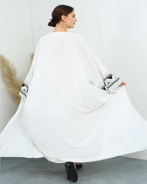 Design Abaya with Geometric Embroidery White Outerwear - 7