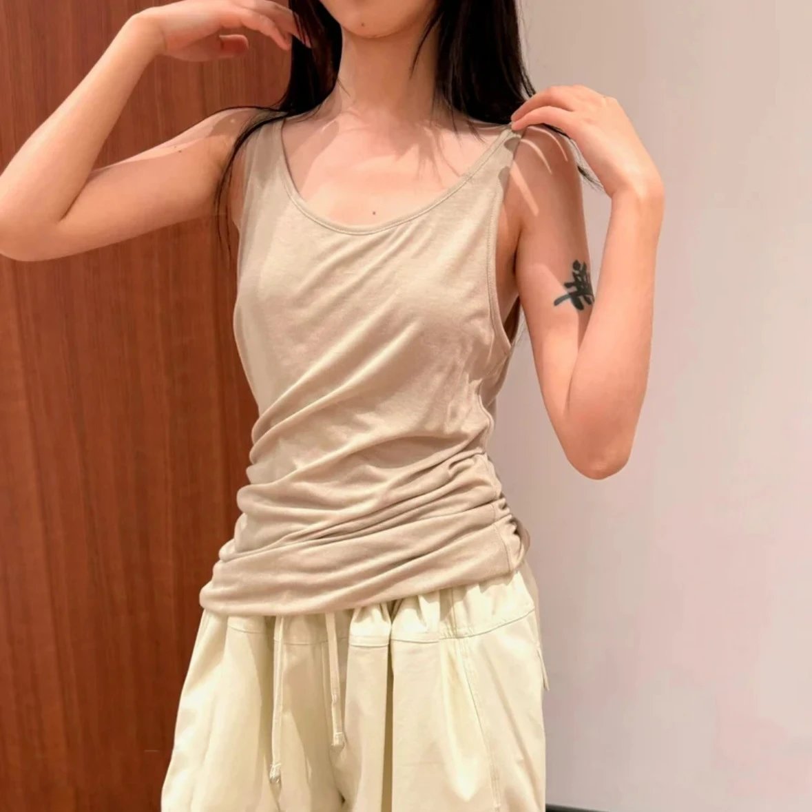 Cotton Blend Ruched Tan Sleeveless Tank Top