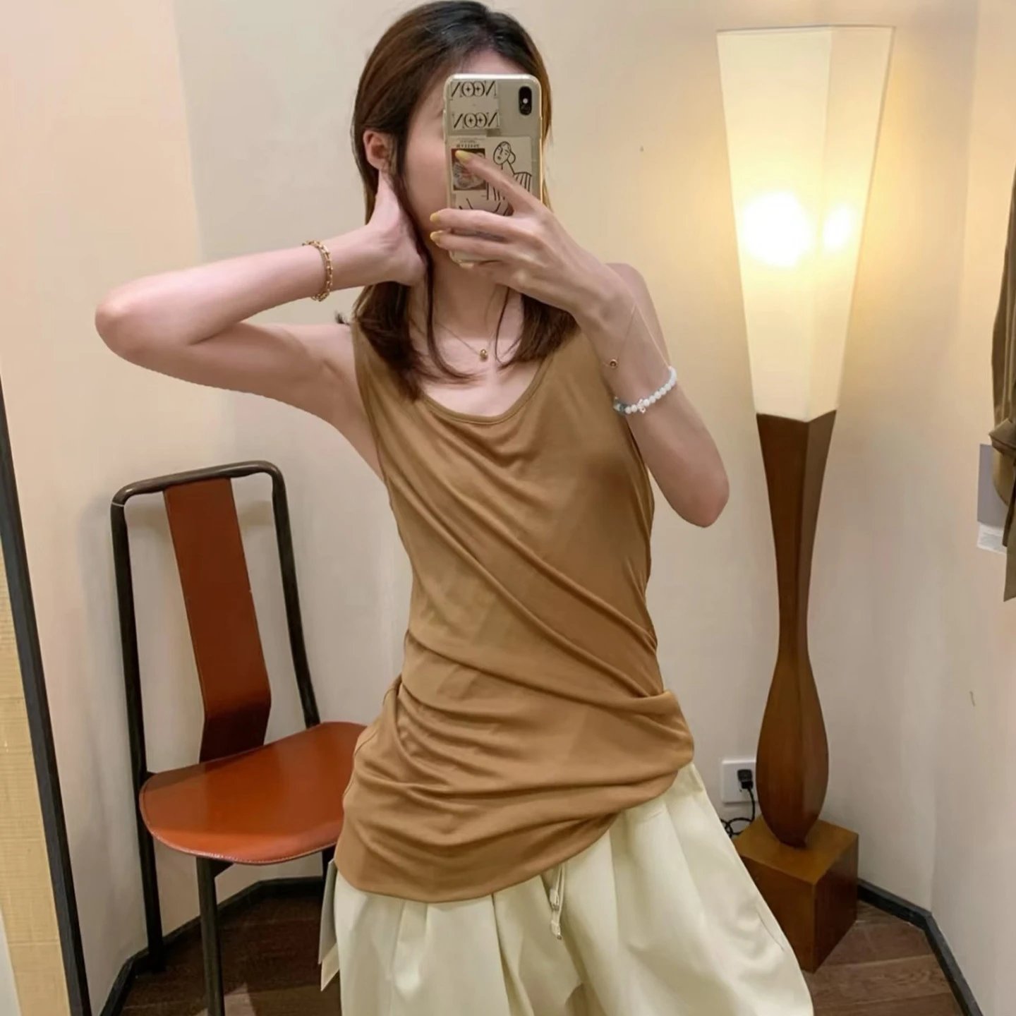 Cotton Blend Ruched Tan Sleeveless Tank Top