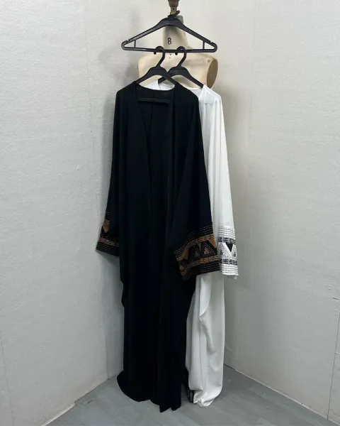 Design Abaya with Geometric Embroidery White Outerwear - 16