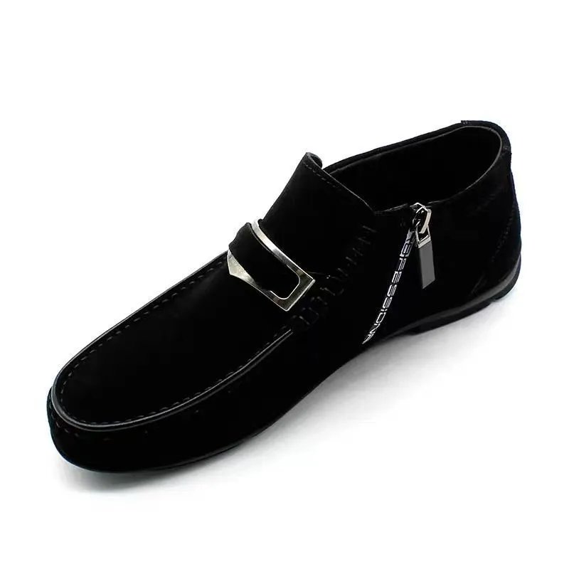 Black Suede Loafer with Metal Buckle and Side Zipper Warm Lined Slip On Shoe