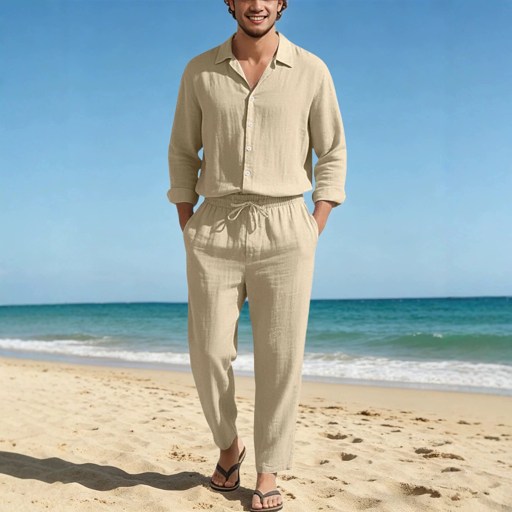 Linen Shirt And Pants Set Beige Casual Two Piece Outfit