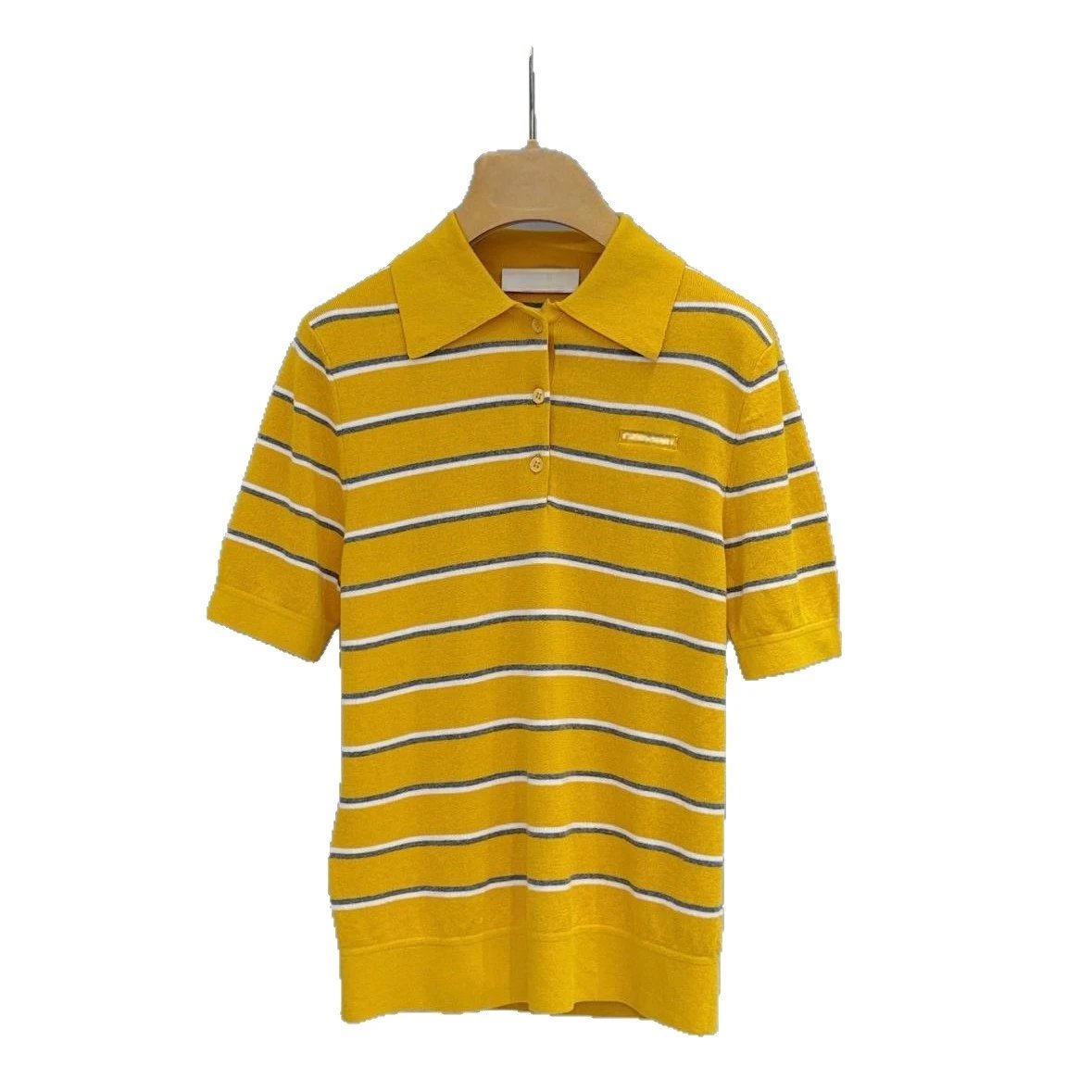 Yellow Striped Knit Polo Shirt Yellow White Casual