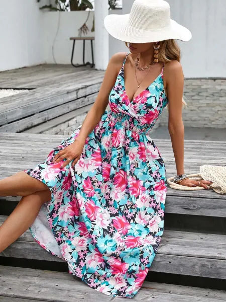 Design Tropical Leaf Print Wrap Midi Dress - 32