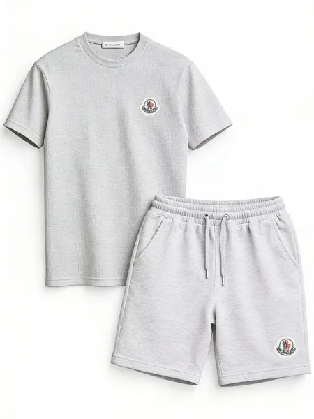 Moncler Logo-Embroidered Gray Ribbed T-Shirt and Sweatshorts Set - 11